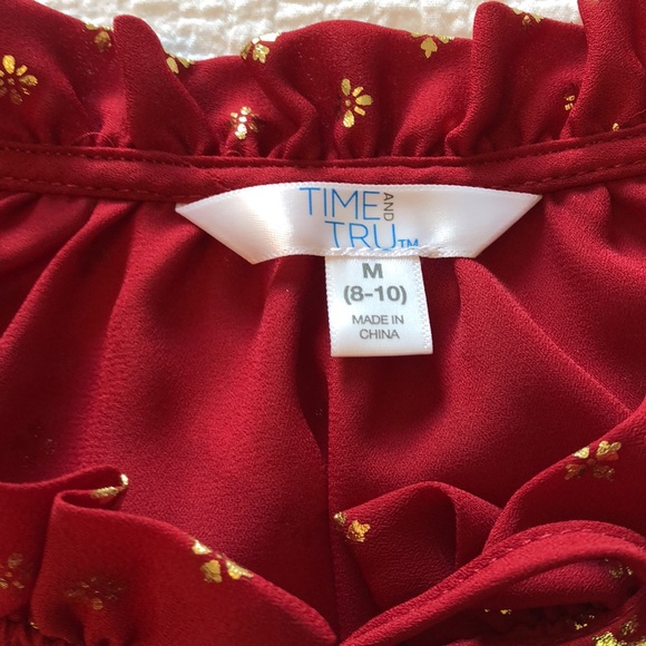 Time and Tru Red & Gold Dress Blouse w/ Ruched collar and Smocked Sleeve Cuffs - Picture 12 of 13